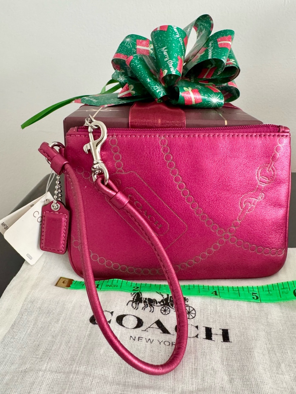 NWT Coach Jewel Metallic Raspberry Leather Wristlet + Dust Bag